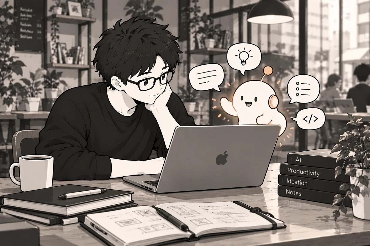 カフェの机で、ノートパソコンに向かう眼鏡の人。画面のそばで、ヘッドホンをつけた小さな白いキャラクターが、吹き出しを出している