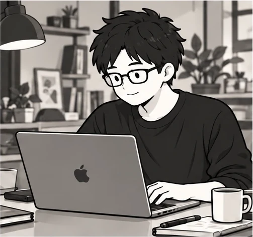 カフェの机で、ノートパソコンを使う眼鏡の人のイラスト
