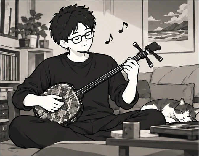 ソファであぐらをかいて、三線を弾く眼鏡の人のイラスト。そばで、猫が寝ている