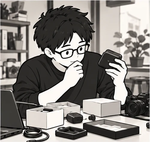 机に並べた箱と部品を前に、小さな機器を手に取って、考え込む眼鏡の人のイラスト