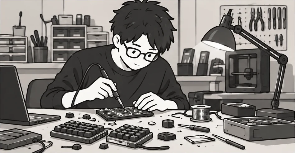 工房の机で、はんだごてを持って、基板にはんだ付けをしている眼鏡の人のイラスト。机には、キーボードの部品や工具が散らかり、奥に3Dプリンターが見える